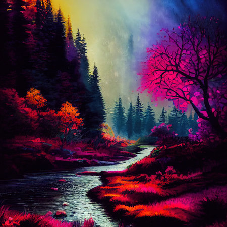 Beautiful Colorful Countryside and Cottage Illustrationの素材