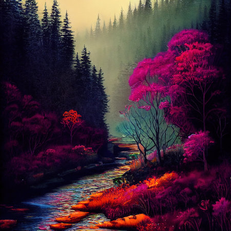 Beautiful Colorful Countryside and Cottage Illustrationの素材