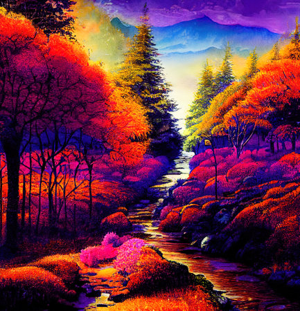 Beautiful Colorful Countryside and Cottage Illustrationの素材