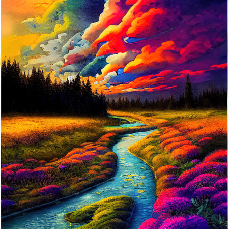 Beautiful Colorful Countryside and Cottage Illustrationの素材