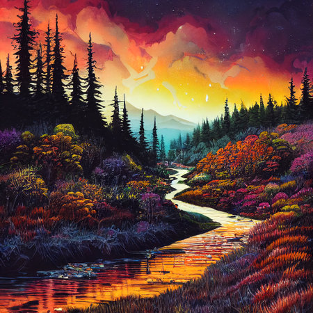 Beautiful Colorful Countryside and Cottage Illustrationの素材
