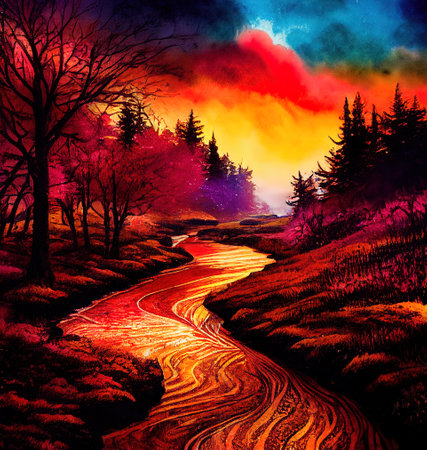 Beautiful Colorful Countryside and Cottage Illustrationの素材