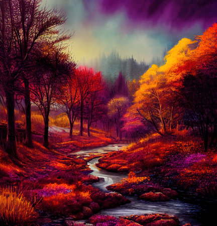 Beautiful Colorful Countryside and Cottage Illustrationの素材