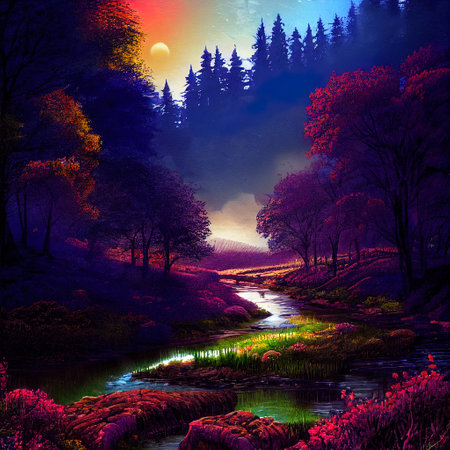 Beautiful Colorful Countryside and Cottage Illustrationの素材
