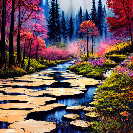Beautiful Colorful Countryside and Cottage Illustrationの素材