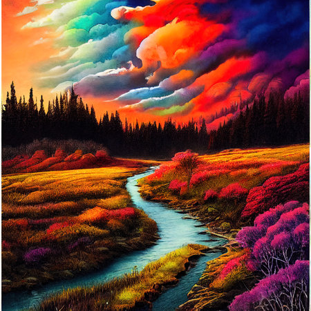 Beautiful Colorful Countryside and Cottage Illustrationの素材