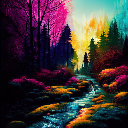 Beautiful Colorful Countryside and Cottage Illustrationの素材