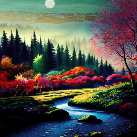 Beautiful Colorful Countryside and Cottage Illustrationの素材