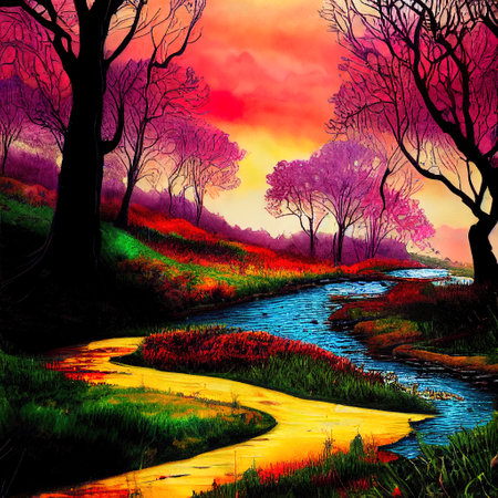 Beautiful Colorful Countryside and Cottage Illustrationの素材