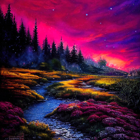 Beautiful Colorful Countryside and Cottage Illustrationの素材