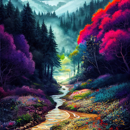 Beautiful Colorful Countryside and Cottage Illustrationの素材