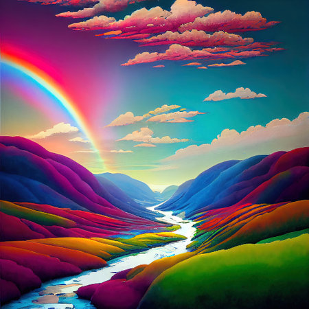 Beautiful Colorful Countryside and Cottage Illustrationの素材