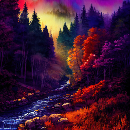 Beautiful Colorful Countryside and Cottage Illustrationの素材