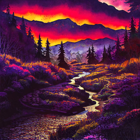Beautiful Colorful Countryside and Cottage Illustrationの素材
