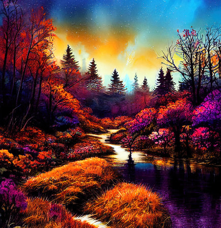 Beautiful Colorful Countryside and Cottage Illustrationの素材