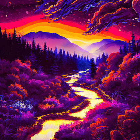 Beautiful Colorful Countryside and Cottage Illustrationの素材