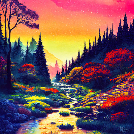 Beautiful Colorful Countryside and Cottage Illustrationの素材