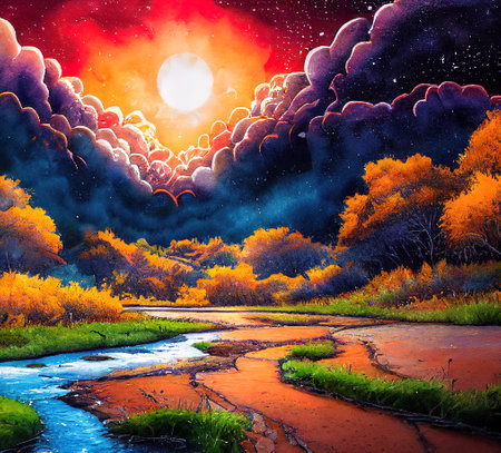 Beautiful Colorful Countryside and Cottage Illustrationの素材