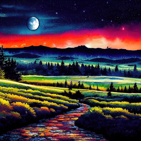 Beautiful Colorful Countryside and Cottage Illustrationの素材