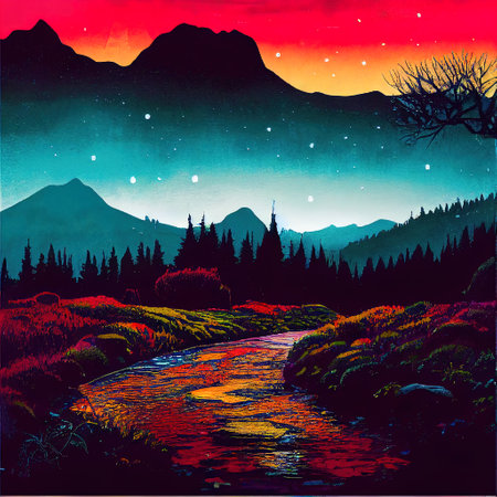 Beautiful Colorful Countryside and Cottage Illustrationの素材