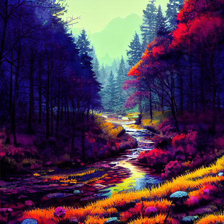 Beautiful Colorful Countryside and Cottage Illustrationの素材