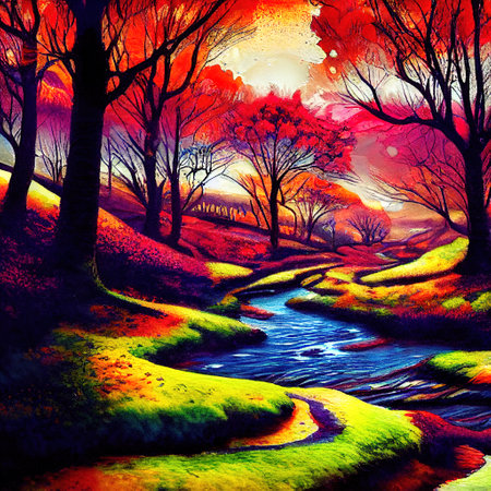 Beautiful Colorful Countryside and Cottage Illustrationの素材