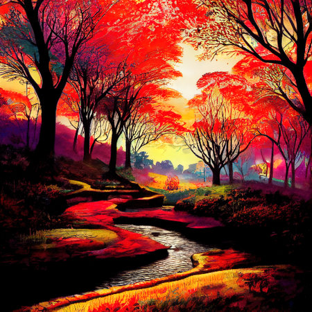 Beautiful Colorful Countryside and Cottage Illustrationの素材