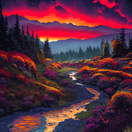 Beautiful Colorful Countryside and Cottage Illustrationの素材
