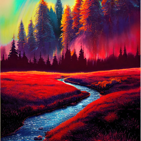 Beautiful Colorful Countryside and Cottage Illustrationの素材