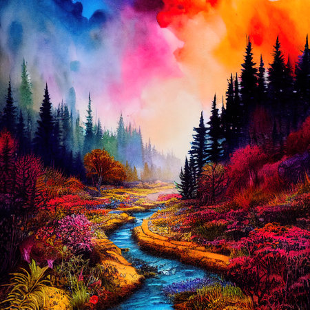 Beautiful Colorful Countryside and Cottage Illustrationの素材