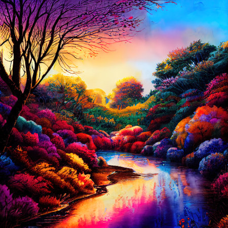 Beautiful Colorful Countryside and Cottage Illustrationの素材