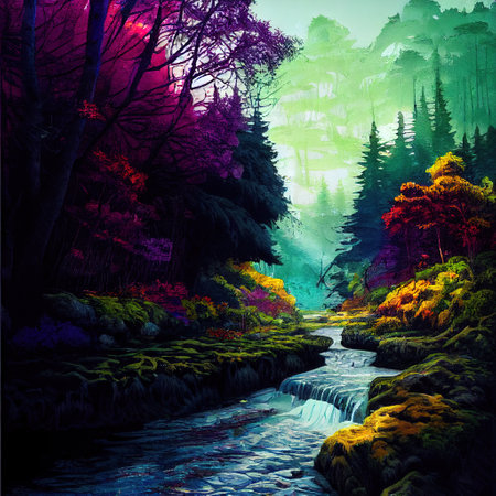 Beautiful Colorful Countryside and Cottage Illustrationの素材