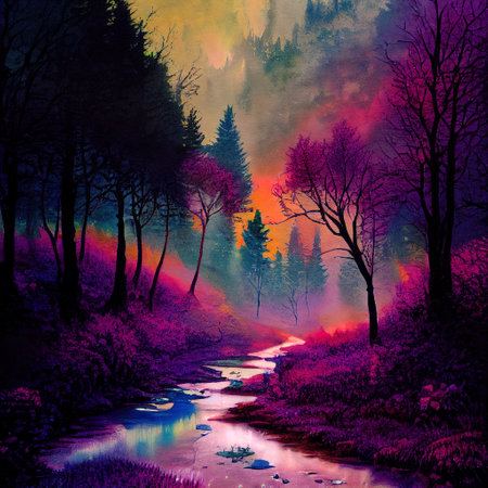 Beautiful Colorful Countryside and Cottage Illustrationの素材