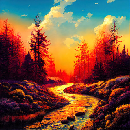 Beautiful Colorful Countryside and Cottage Illustrationの素材