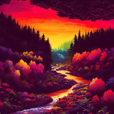 Beautiful Colorful Countryside and Cottage Illustrationの素材