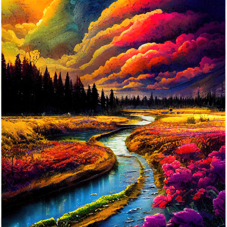 Beautiful Colorful Countryside and Cottage Illustrationの素材