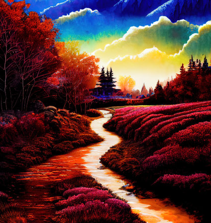 Beautiful Colorful Countryside and Cottage Illustrationの素材