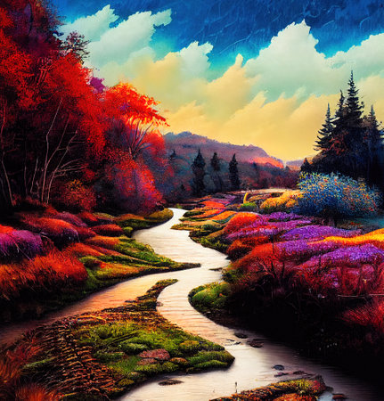 Beautiful Colorful Countryside and Cottage Illustrationの素材