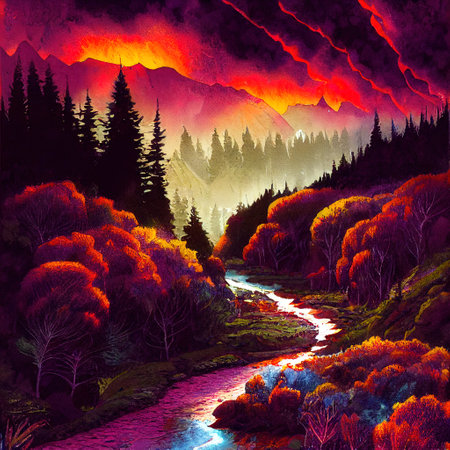 Beautiful Colorful Countryside and Cottage Illustrationの素材