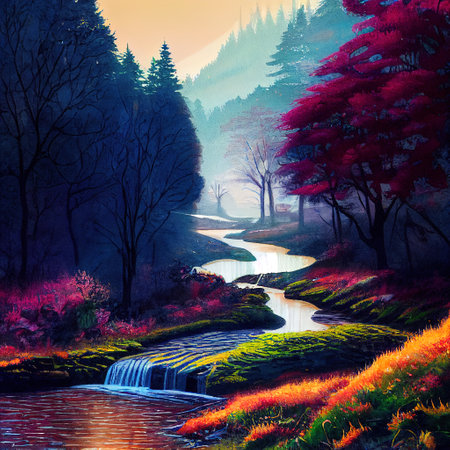 Beautiful Colorful Countryside and Cottage Illustrationの素材