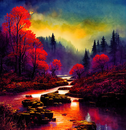 Beautiful Colorful Countryside and Cottage Illustrationの素材