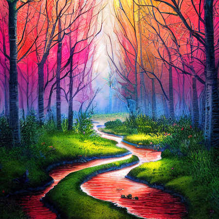 Beautiful Colorful Countryside and Cottage Illustrationの素材