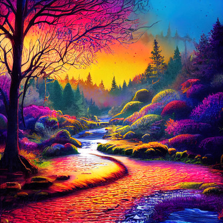 Beautiful Colorful Countryside and Cottage Illustrationの素材