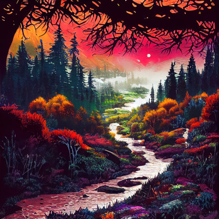 Beautiful Colorful Countryside and Cottage Illustrationの素材