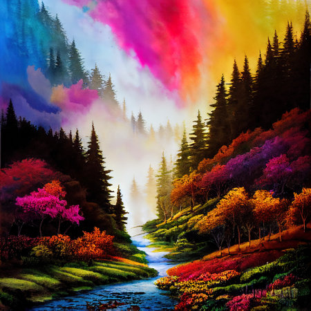 Beautiful Colorful Countryside and Cottage Illustrationの素材