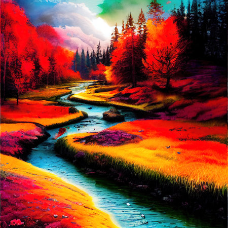 Beautiful Colorful Countryside and Cottage Illustrationの素材