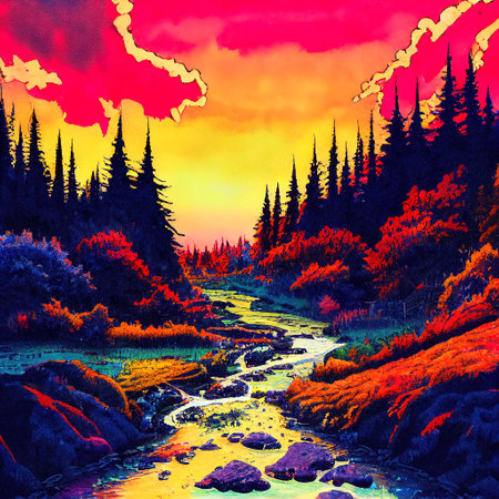 Beautiful Colorful Countryside and Cottage Illustrationの素材