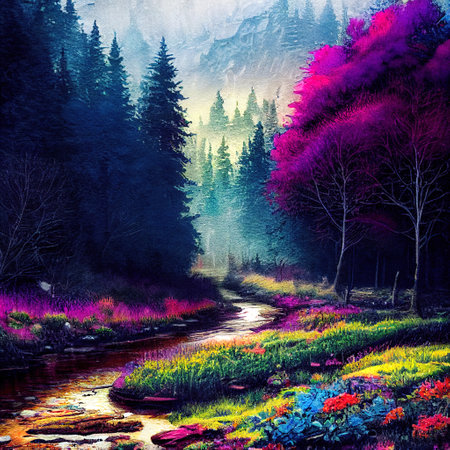 Beautiful Colorful Countryside and Cottage Illustrationの素材