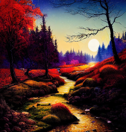 Beautiful Colorful Countryside and Cottage Illustrationの素材
