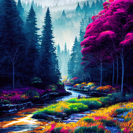 Beautiful Colorful Countryside and Cottage Illustrationの素材